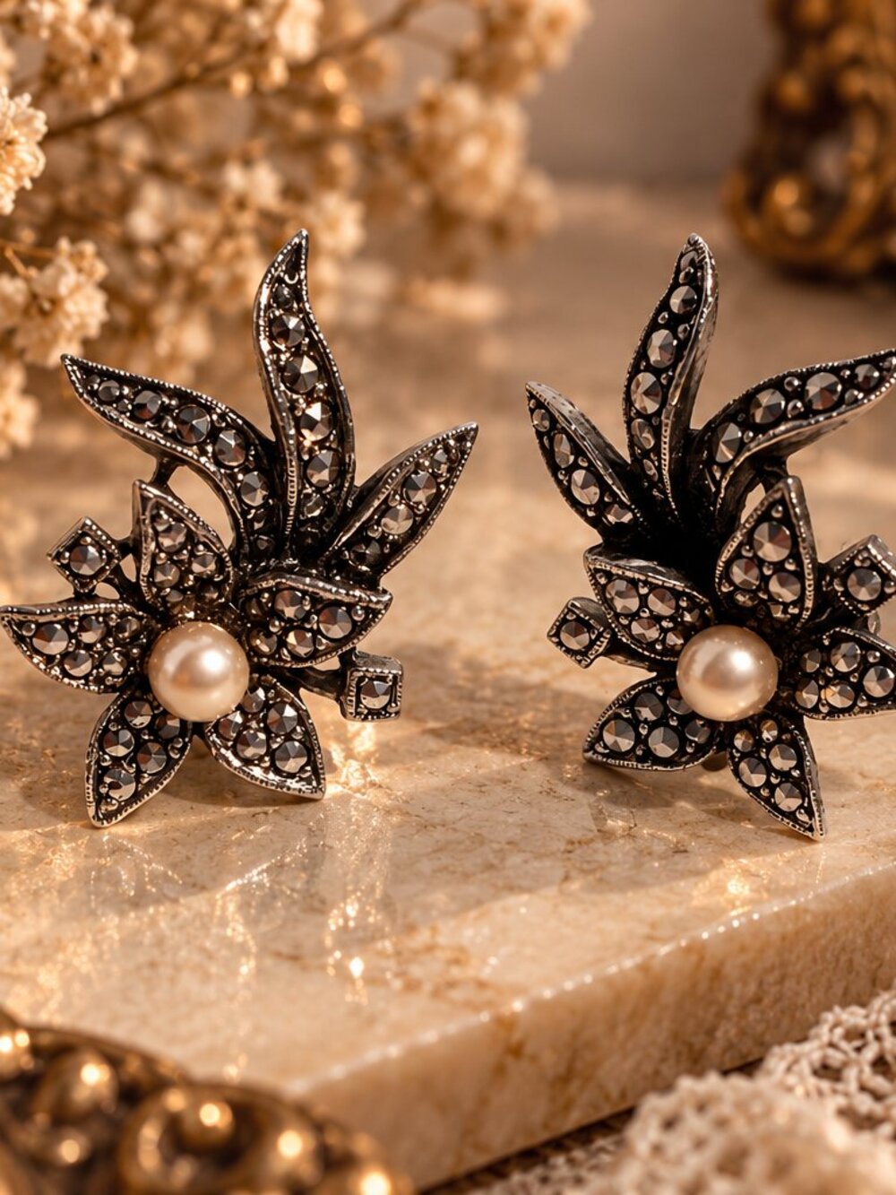 Vintage Marcasite & Faux Pearl Floral Clip-On Earrings